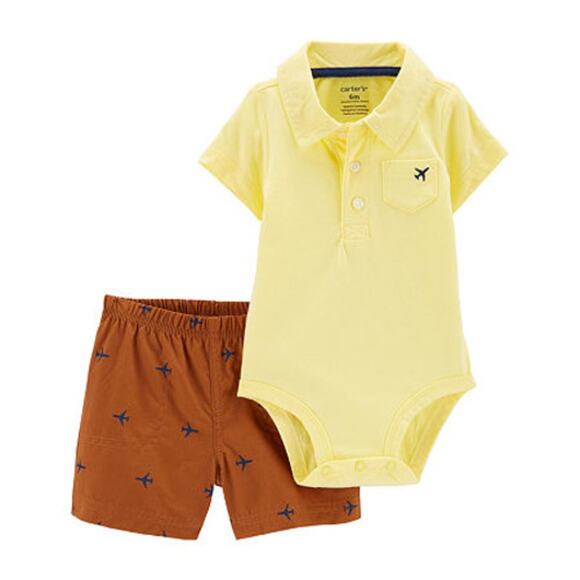 Carter's 2-Piece Polo Bodysuit & Short Set Baby Boy 12mos Yellow Brown - Picture 1 of 5